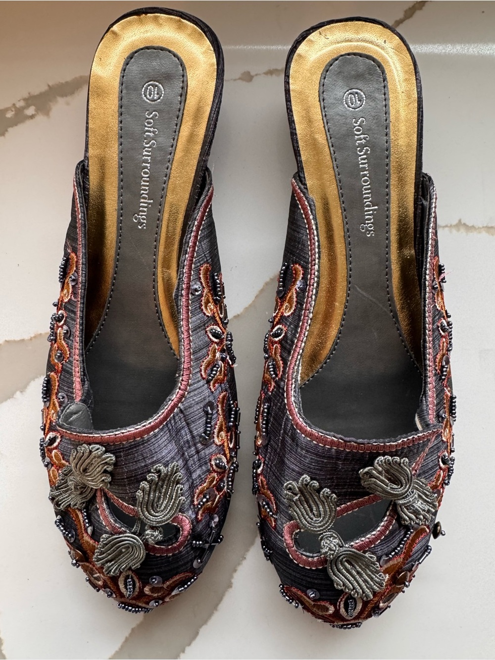 Soft Surroundings Turkish Taffy Beaded Mules Kitten Heel Gray Gold 10